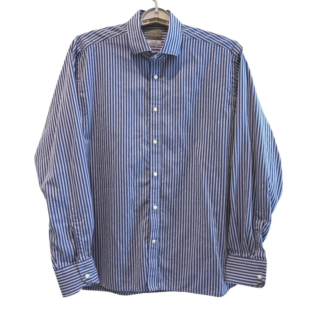 Thomas Dean Blue White Striped Pima Cotton Long Sleeve Button Up Shirt Large‎ - Picture 2 of 5